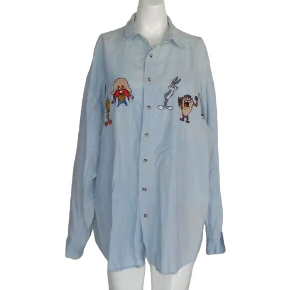 ACME Clothing Shirt L/XL, Chambray, Bugs, Daffy, Tweety, Sylvester, Sam, VINTAGE - Picture 9 of 14